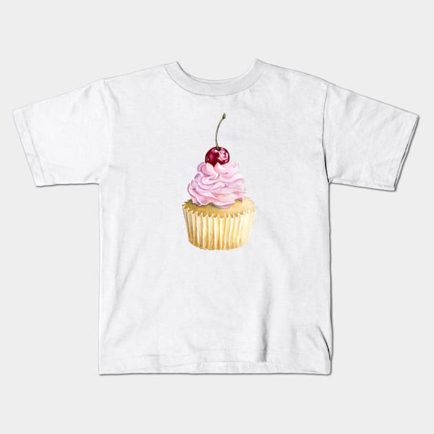 Pink watercolor cupcake with cherry Kids T-Shirt by Simple Wishes Art